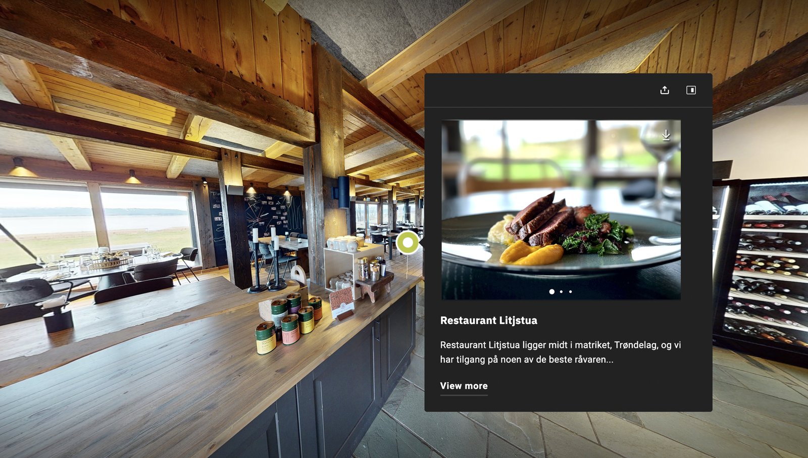 Interessepunkt i 3D-visningen med bilder og beskrivelse av Restaurant Litjstua
