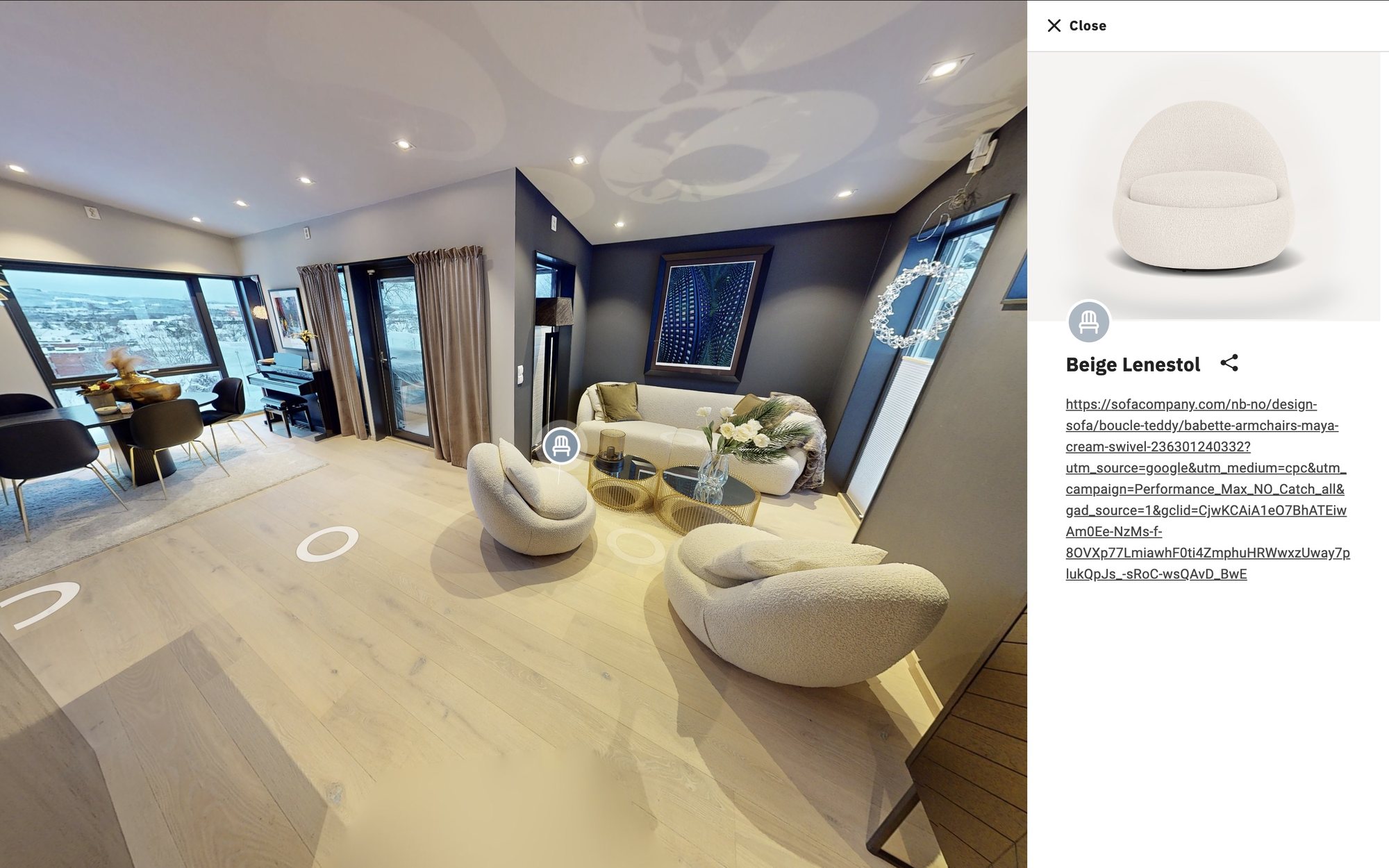 Interessepunkt i en 3D-visning som åpner et panel med informasjon